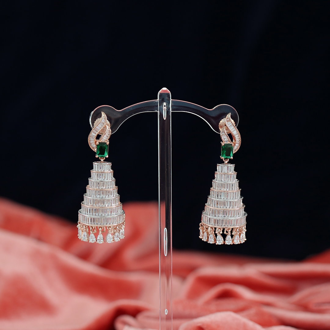 Indian Jhumki Style Big Cage Earrings| Bird Cage Long Jhumka Bell Drop Dangle|Celebrity Inspired Rose Gold Plated Diamond Earrings