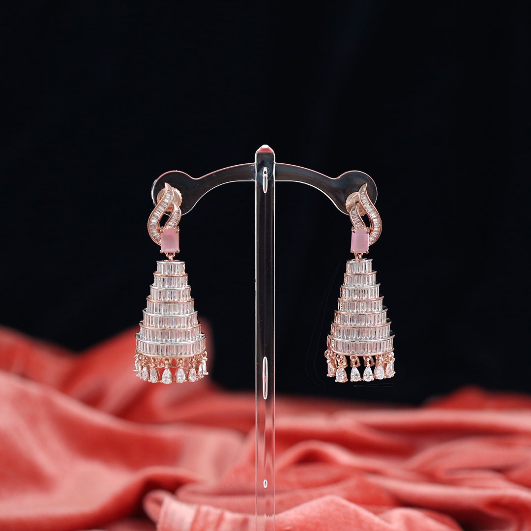 Indian Jhumki Style Big Cage Earrings| Bird Cage Long Jhumka Bell Drop Dangle|Celebrity Inspired Rose Gold Plated Diamond Earrings