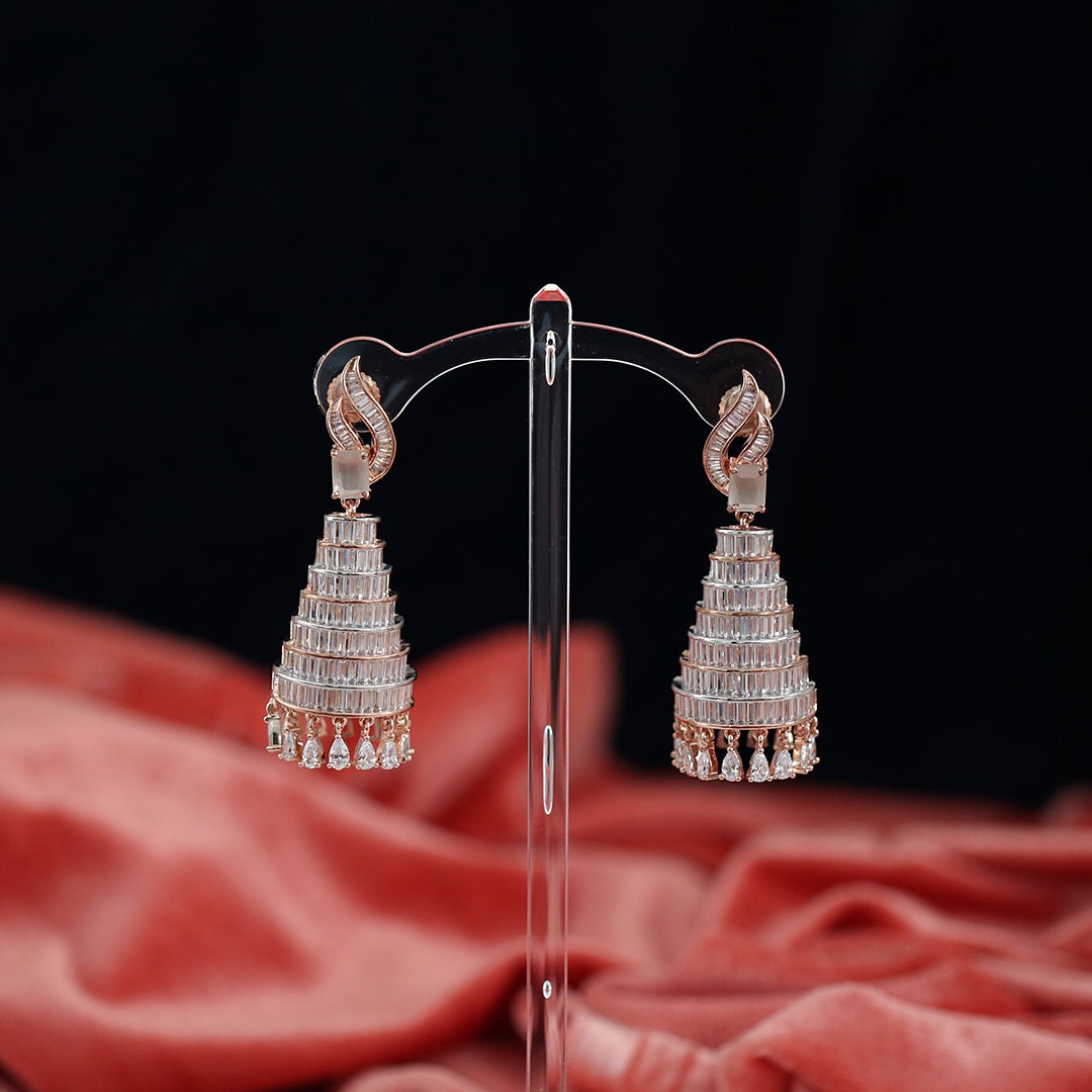 Indian Jhumki Style Big Cage Earrings| Bird Cage Long Jhumka Bell Drop Dangle|Celebrity Inspired Rose Gold Plated Diamond Earrings
