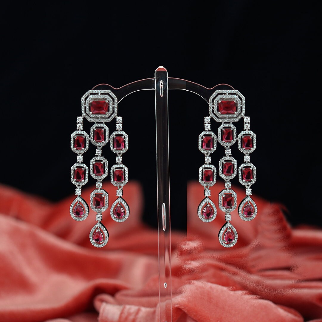 Rhodium Plated Long Dangle Cubic Zirconia Crystal Stone Pave Chandelier Tassel Wedding Earrings