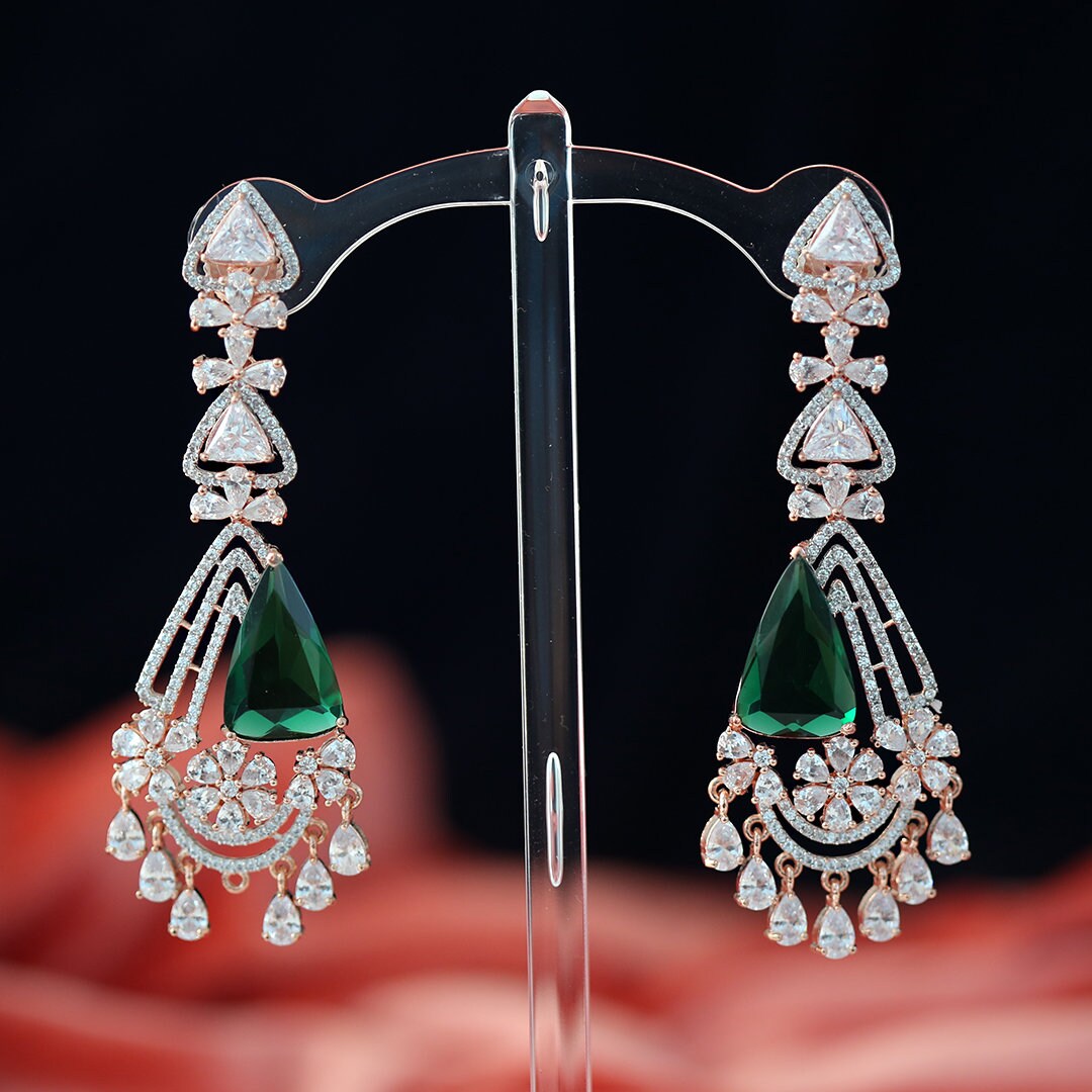 Rose Gold Emerald Chandbali Earrings| 3.5" Long CZ Diamond Floral Drop Earrings| Statement Dangle Earrings in Pink, Blue,Green| Gift for Her