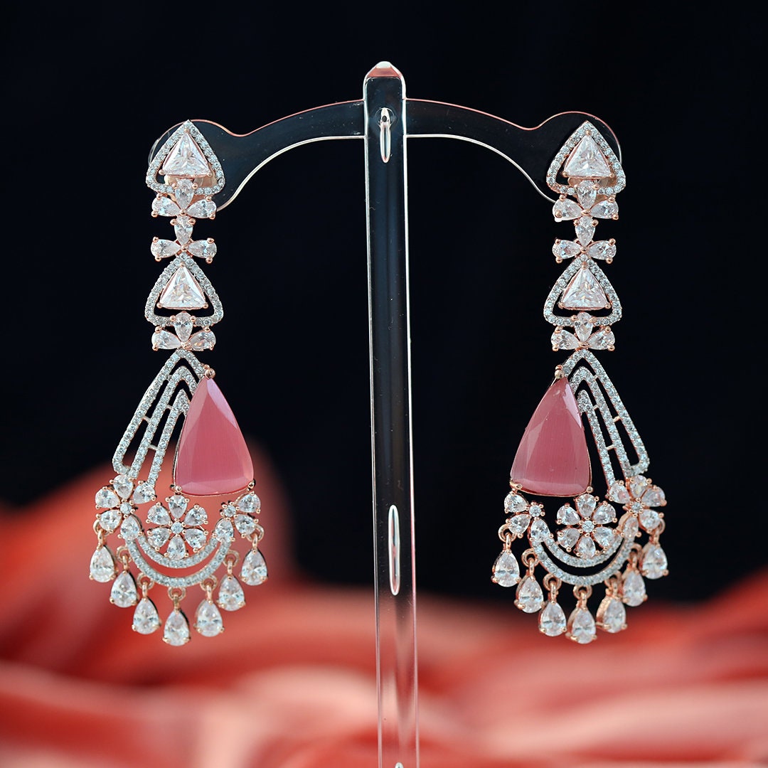 Rose Gold Emerald Chandbali Earrings| 3.5" Long CZ Diamond Floral Drop Earrings| Statement Dangle Earrings in Pink, Blue,Green| Gift for Her