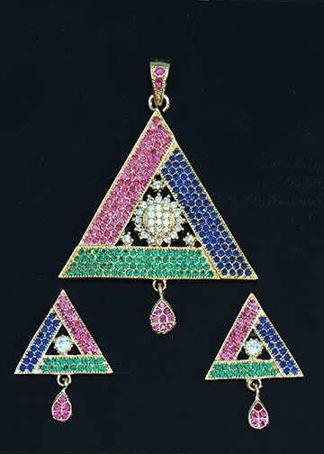American Diamond Gold plated Geometric Pendant fashion jewelry set | Triangle crystal pendant | Women's Statement Pendants | Gift For her