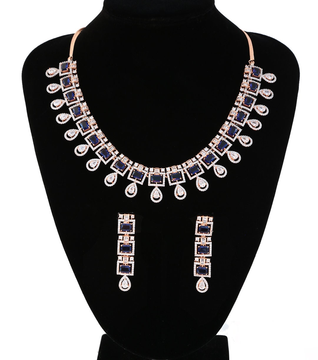 Rose Gold Plated Teardrop Pear Shape White CZ with Sapphire blue Stones Wedding Jewelry Set|Cubic Zirconia Wedding Earrings Set|Gift for her