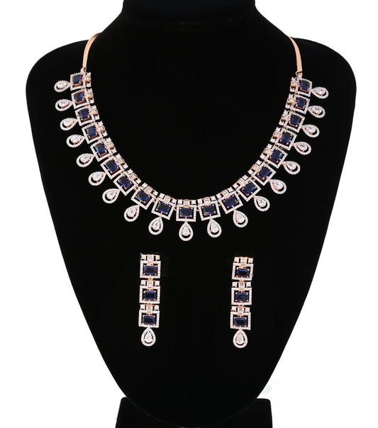 Rose Gold Plated Teardrop Pear Shape White CZ with Sapphire blue Stones Wedding Jewelry Set|Cubic Zirconia Wedding Earrings Set|Gift for her