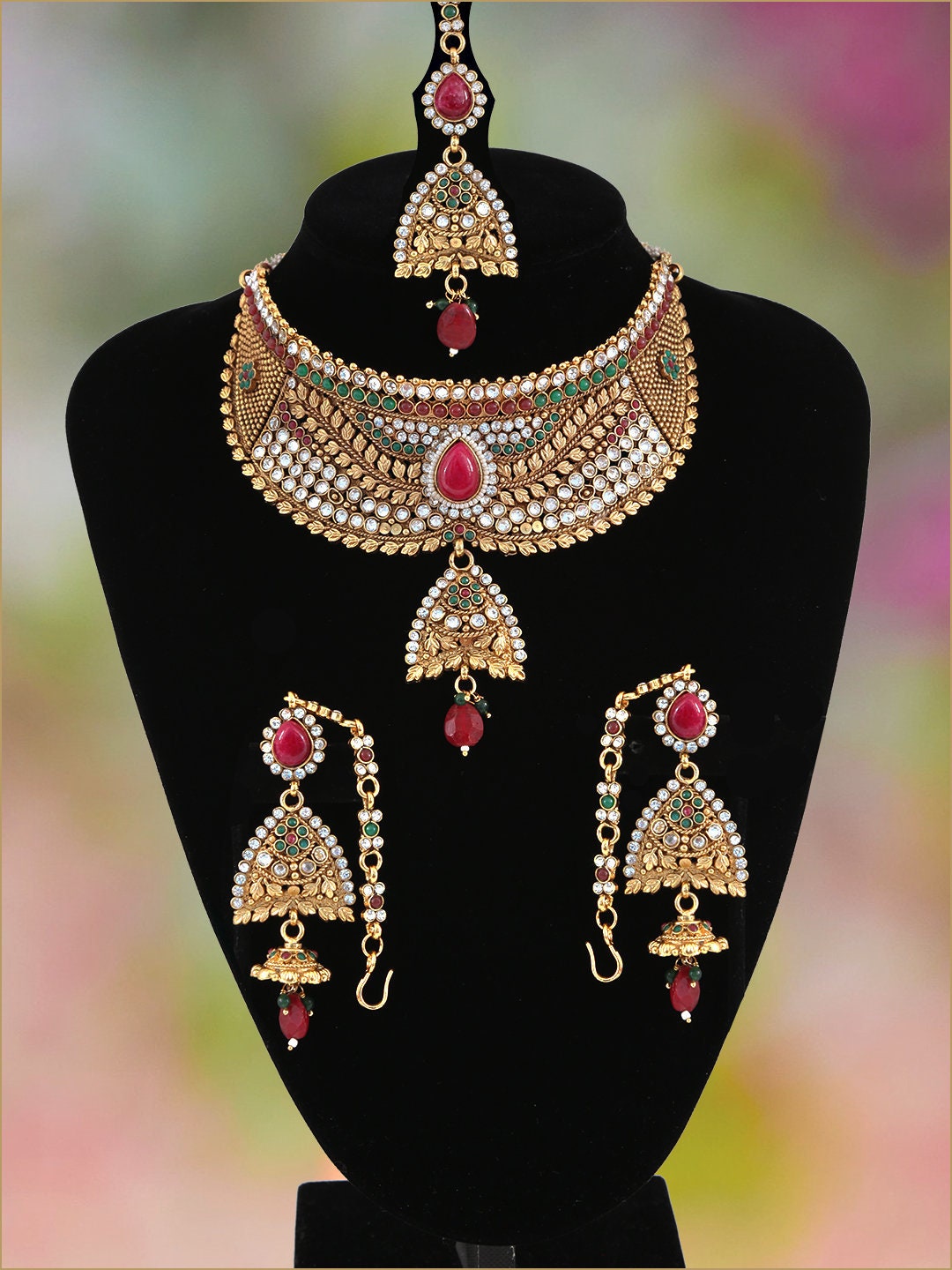 Womens bridal polki jewelry set hand crafted in a gold background with Emerald,Ruby and White polki stone|Bridal Wedding Necklace Earrings