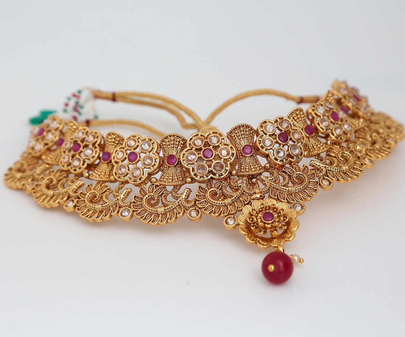 Gorgeous Statement Indian Bollywood Antique Gold Ruby AD CZ Stone Necklace Jewellery Set|Flower Designed Choker necklace|Collar Necklace
