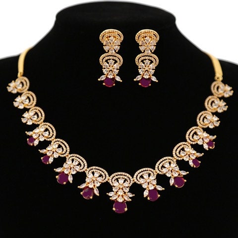 Gold Plated CZ Diamond Necklace| American Diamond Wedding Statement Necklace| Indian Jewelry| High fashion Necklace Earrings| Gift for her