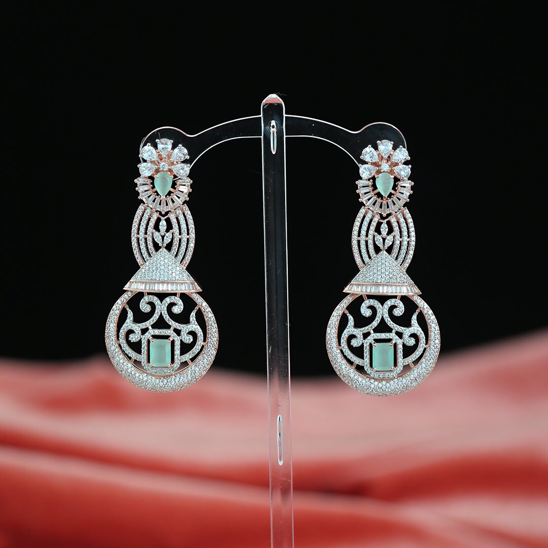 Rose Gold Plated Blue Ruby Green AD Stones Diamond Look Zircon Earrings|Bollywood traditional ethnic fashion Bridal party wear Jewelry