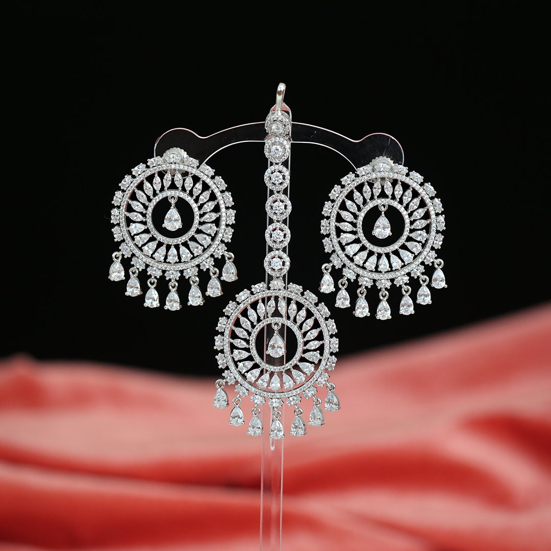 Wedding Wear Clear CZ and American Diamonds Round Earrings with Maang Tikka|Traditional Bollywood Indian Chandbali earrings|Bridal Jewelry