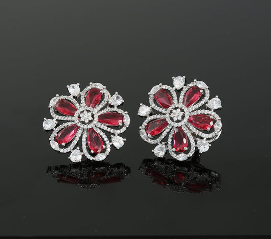 Rhodium Plated American Diamond and CZ Floral Design Fashion Clip on Stud Tops|Flower Shape Ladies Fashion Stud Earrings|Indian Jewelry