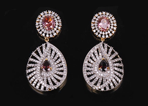 Beautiful Indian fashion Cubic Zirconia stone studded long dangle earrings|High Quality Traditional Wedding Costume Jewelry|Bridal Jewelry
