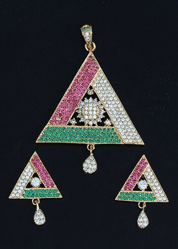 American Diamond Gold plated Geometric Pendant fashion jewelry set | Triangle crystal pendant | Women's Statement Pendants | Gift For her