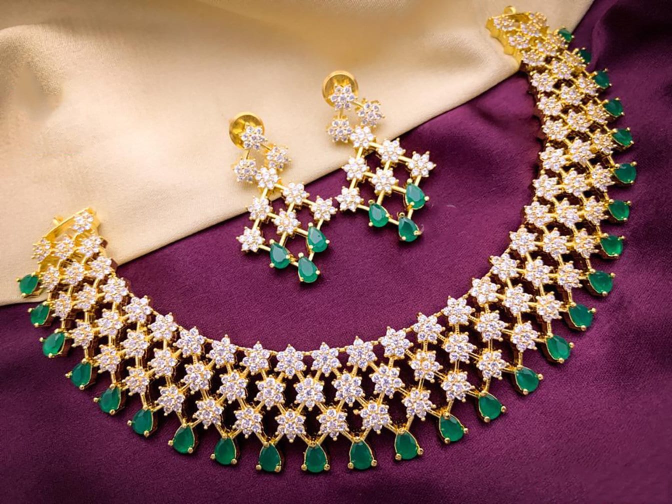 Bollywood White Crystal Triple Rows Star Intricate Design with Green CZ Necklace|American Diamond Jewelry|Indian Wedding Bridal Necklace