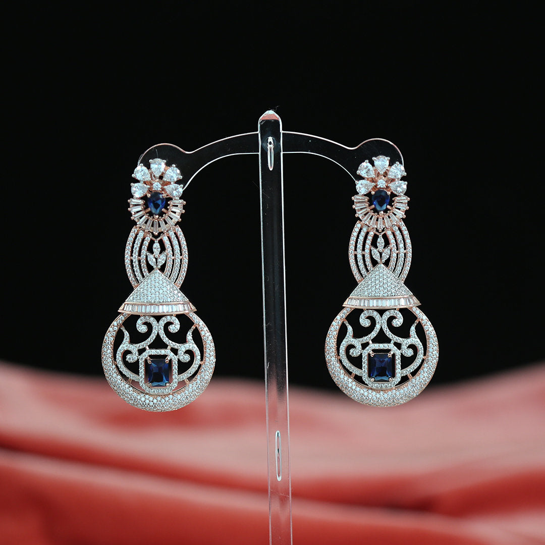 Rose Gold Plated Blue Ruby Green AD Stones Diamond Look Zircon Earrings|Bollywood traditional ethnic fashion Bridal party wear Jewelry