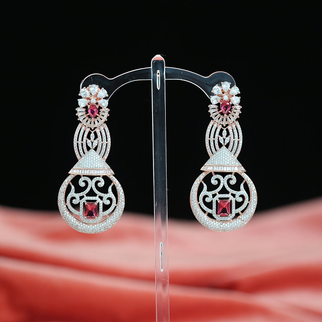 Rose Gold Plated Blue Ruby Green AD Stones Diamond Look Zircon Earrings|Bollywood traditional ethnic fashion Bridal party wear Jewelry