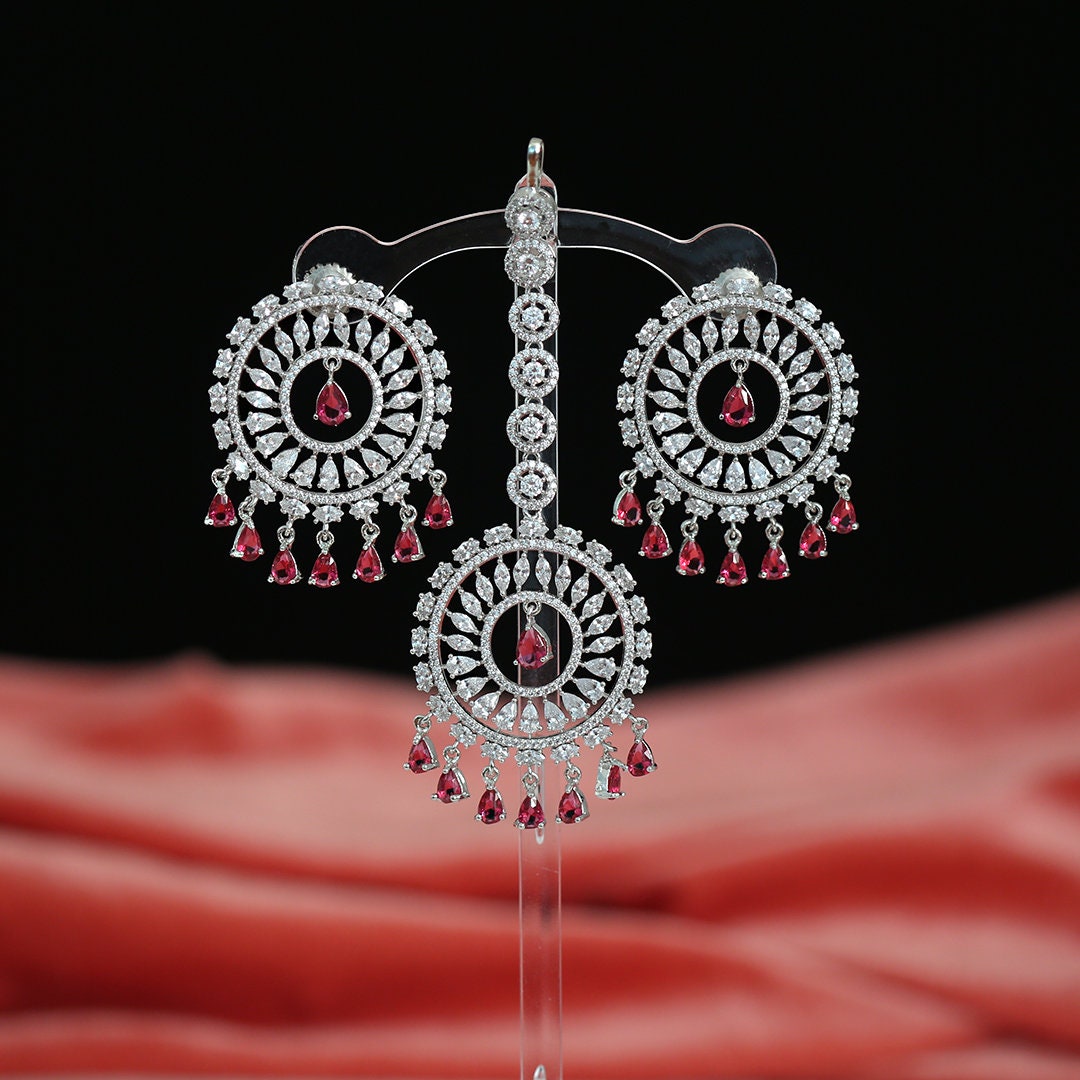 Wedding Wear Clear CZ and American Diamonds Round Earrings with Maang Tikka|Traditional Bollywood Indian Chandbali earrings|Bridal Jewelry