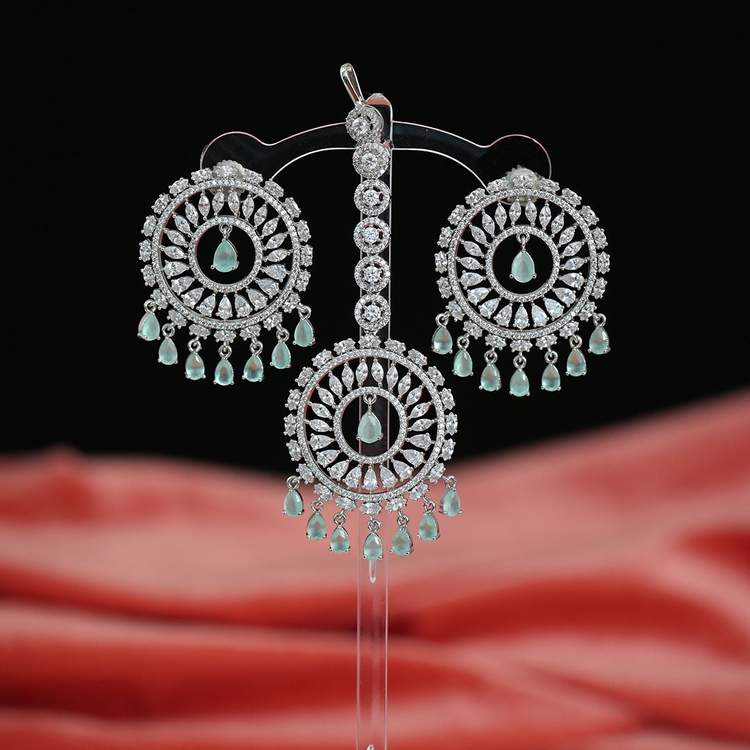 Wedding Wear Clear CZ and American Diamonds Round Earrings with Maang Tikka|Traditional Bollywood Indian Chandbali earrings|Bridal Jewelry