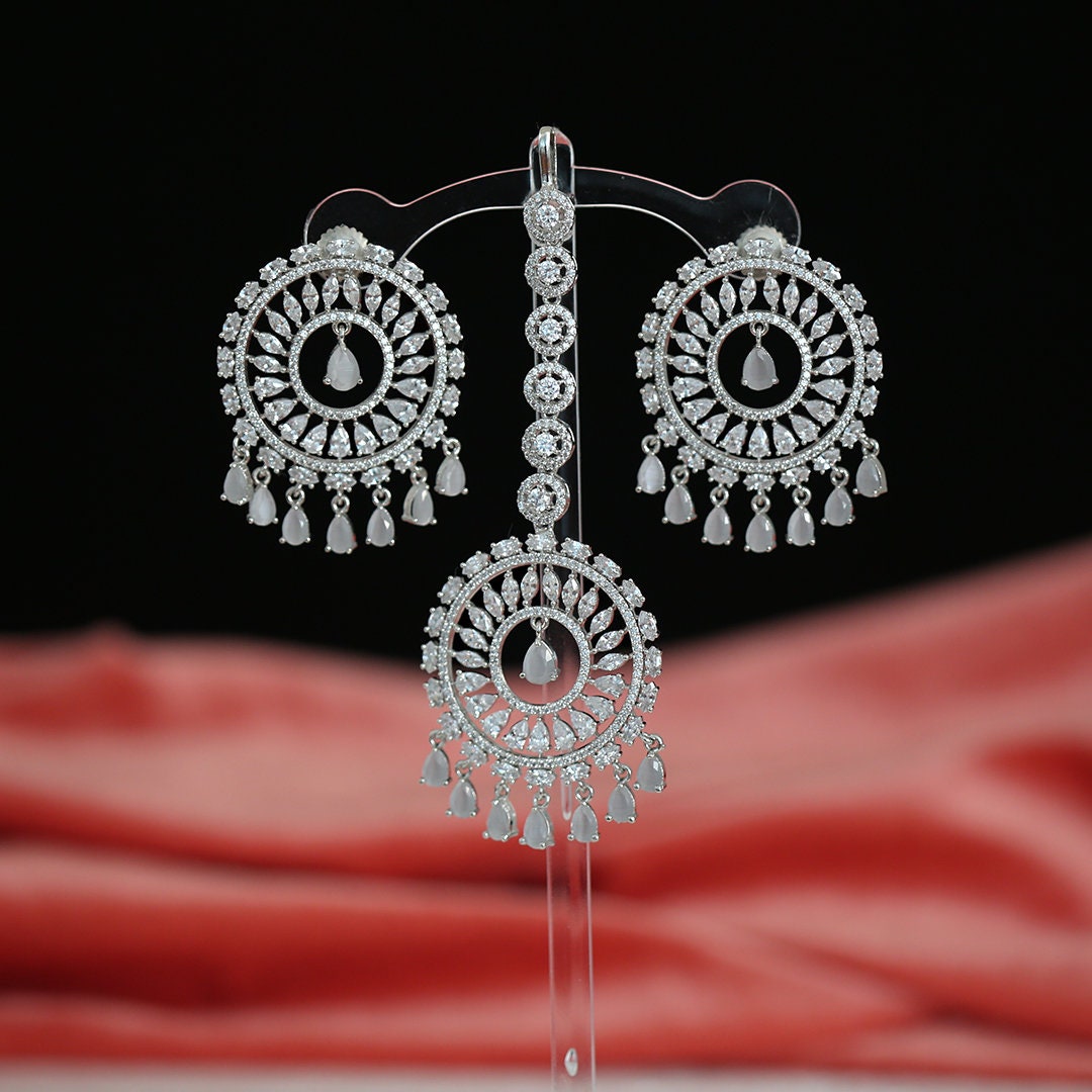 Wedding Wear Clear CZ and American Diamonds Round Earrings with Maang Tikka|Traditional Bollywood Indian Chandbali earrings|Bridal Jewelry