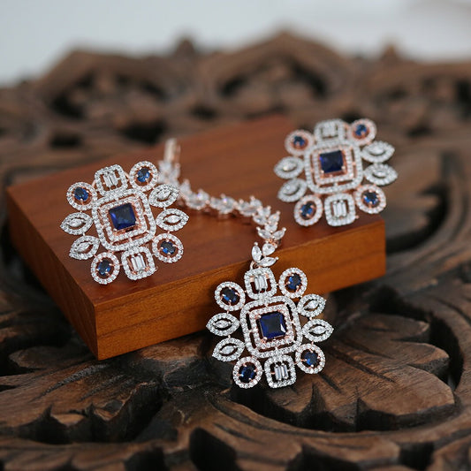 Floral American Diamond CZ Rose Gold Plated Fashion Tops Stud Earrings with Tikka|Indian Wedding Jewelry|Women's Fashion Earrings