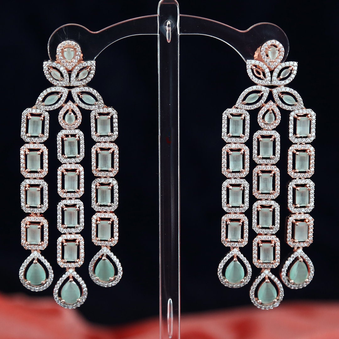 Best Quality Rose Gold American Diamond CZ Indian Jewelry Earrings | Long AD Indian Bollywood Pakistani Designer Earrings | Trendy Earrings