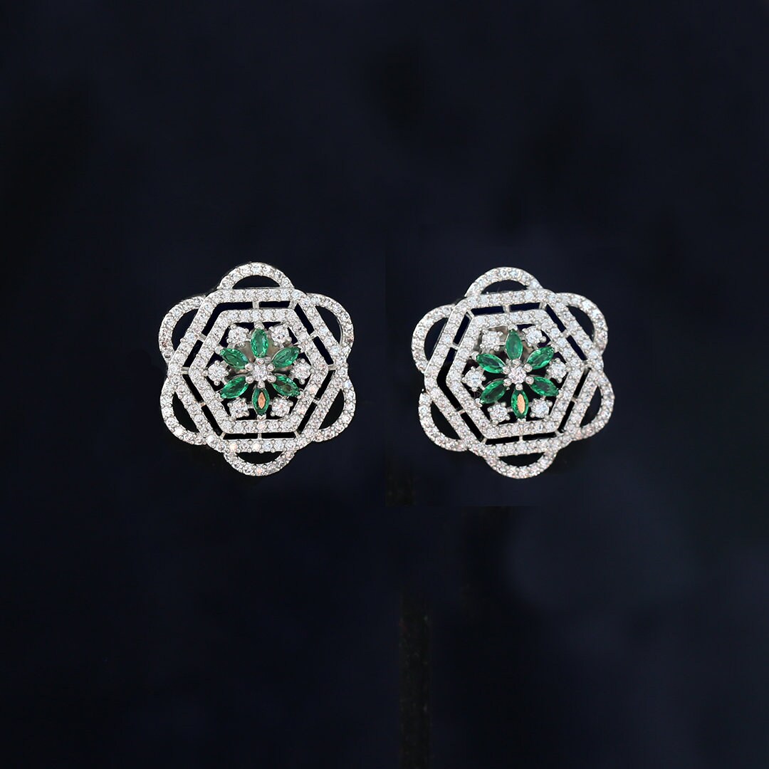 Trend Setting Rhodium Plated Stud Earrings in Floral pattern | Bridal Jewelry Silver Earrings | High End Cubic Zirconia Studs online