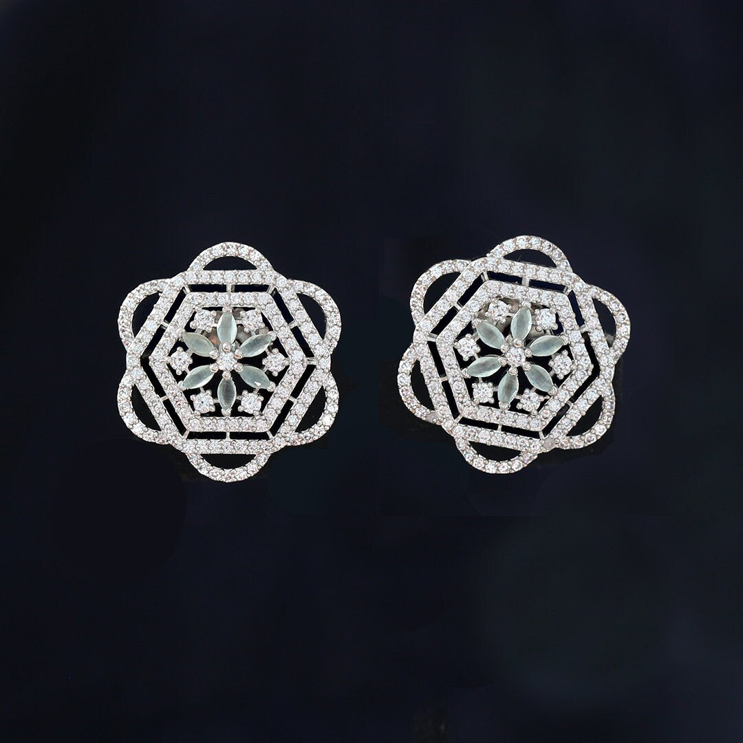 Trend Setting Rhodium Plated Stud Earrings in Floral pattern | Bridal Jewelry Silver Earrings | High End Cubic Zirconia Studs online