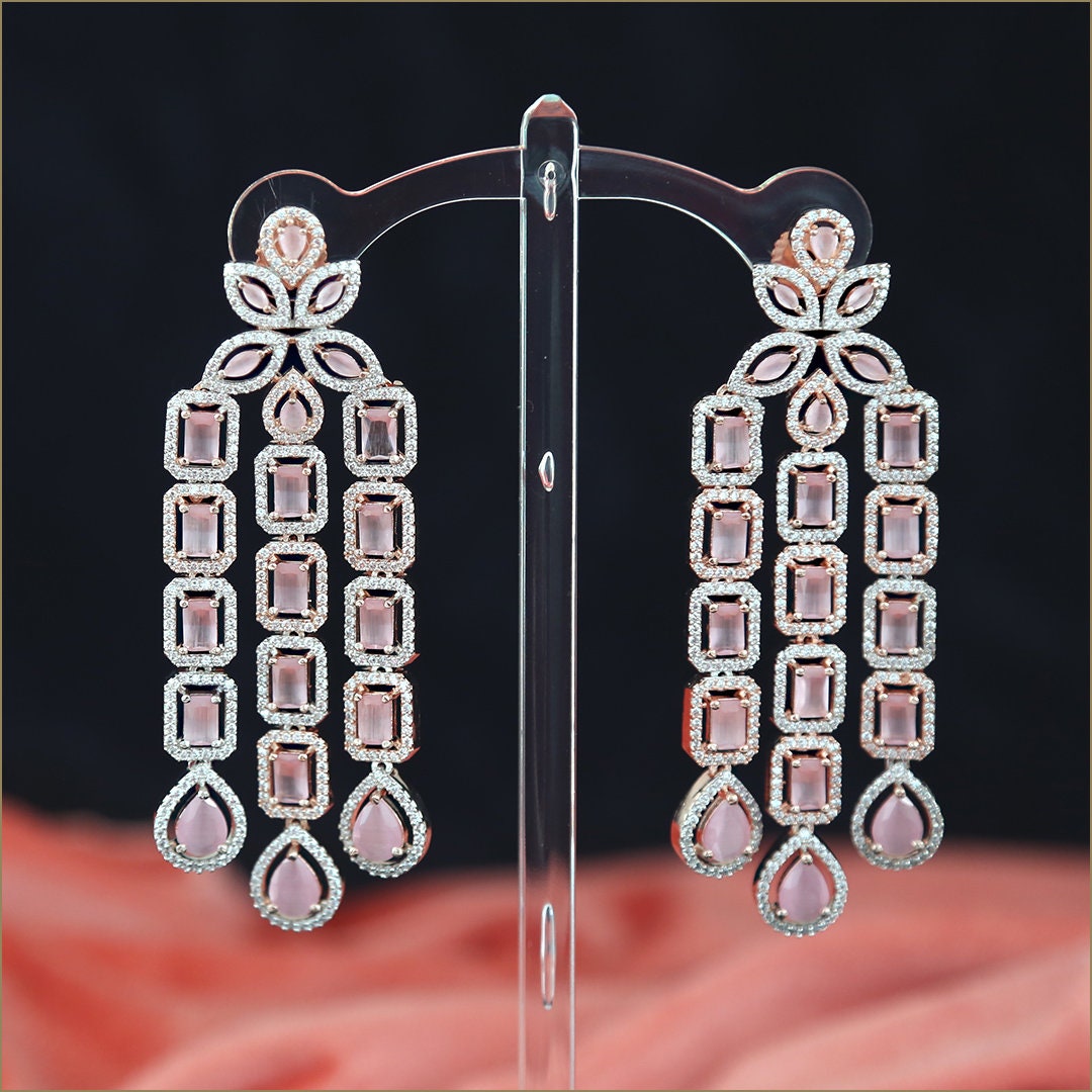 Best Quality Rose Gold American Diamond CZ Indian Jewelry Earrings | Long AD Indian Bollywood Pakistani Designer Earrings | Trendy Earrings