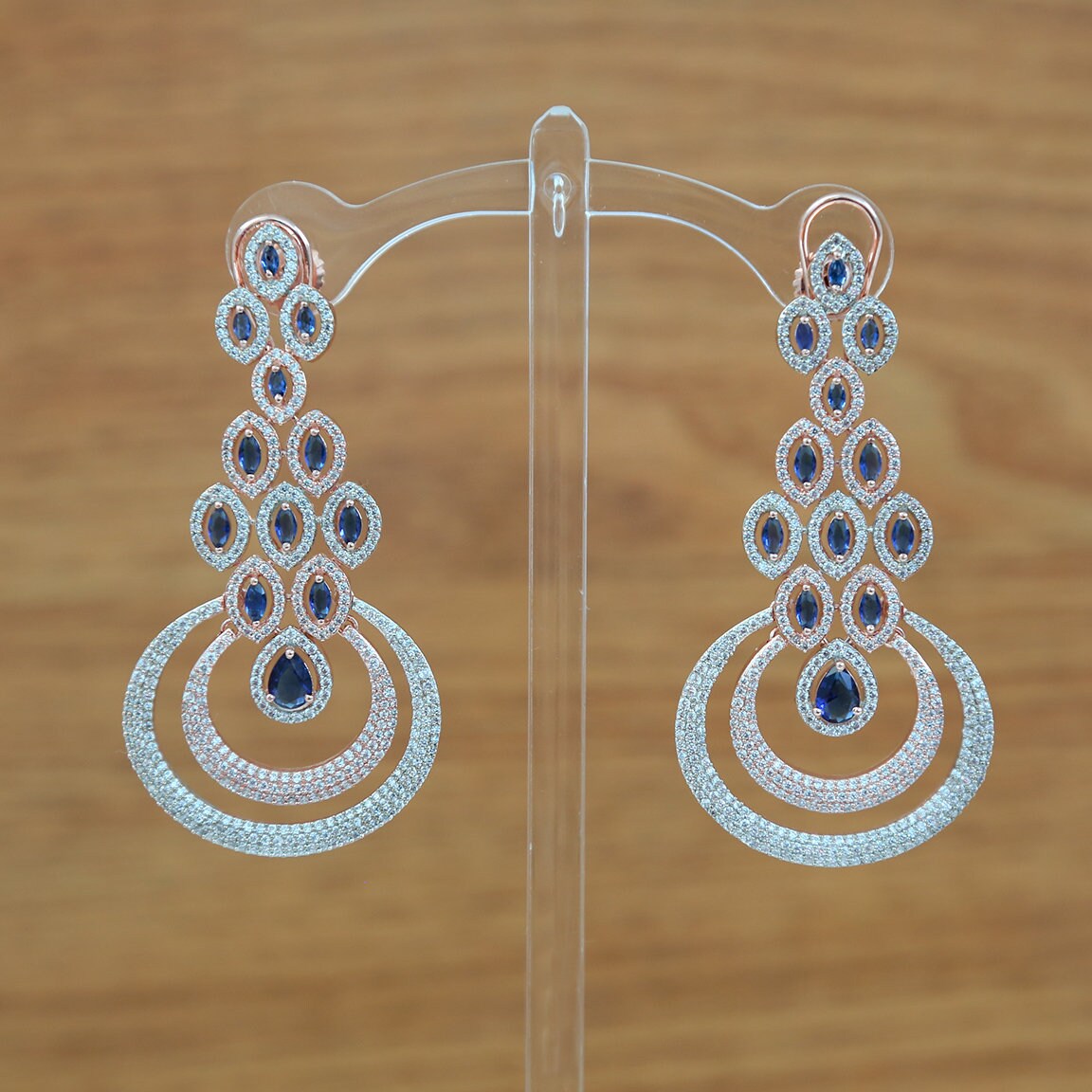 American diamond chandbali earrings Latest Design | AD stone ganga jamuna Long Earrings | Silver and rose Gold Polish Color CZ Stone Earring