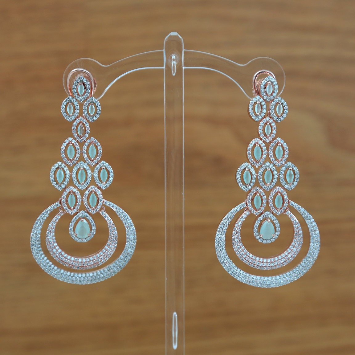 American diamond chandbali earrings Latest Design | AD stone ganga jamuna Long Earrings | Silver and rose Gold Polish Color CZ Stone Earring