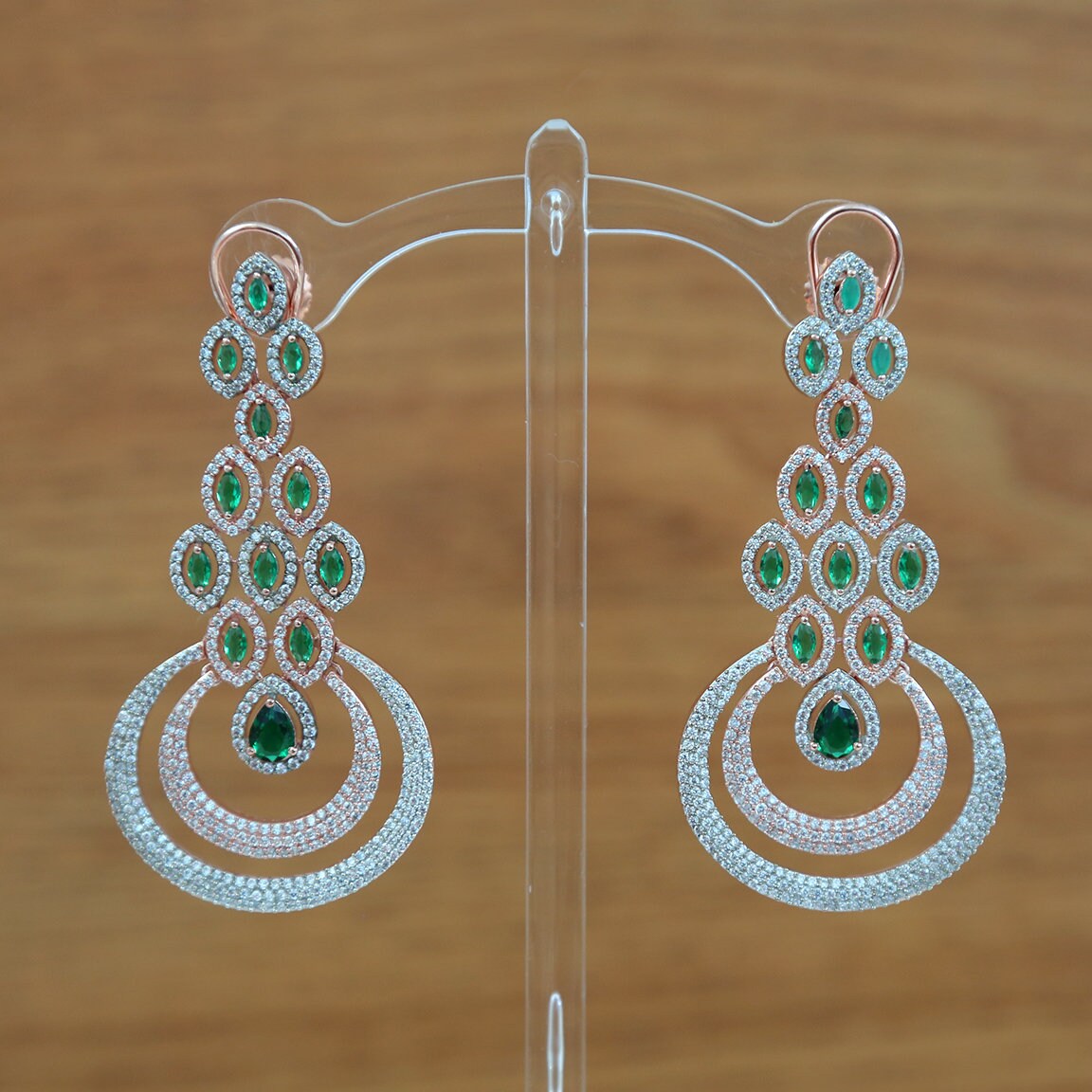 American diamond chandbali earrings Latest Design | AD stone ganga jamuna Long Earrings | Silver and rose Gold Polish Color CZ Stone Earring