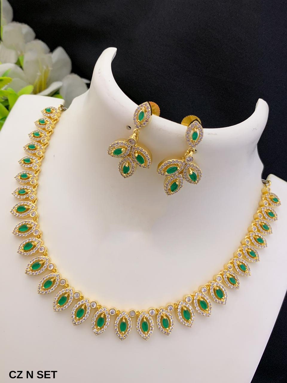 Gold-plated american diamond necklace set with earrings | marquise cut emerald necklace | Indian jewelry store online | South Indian style