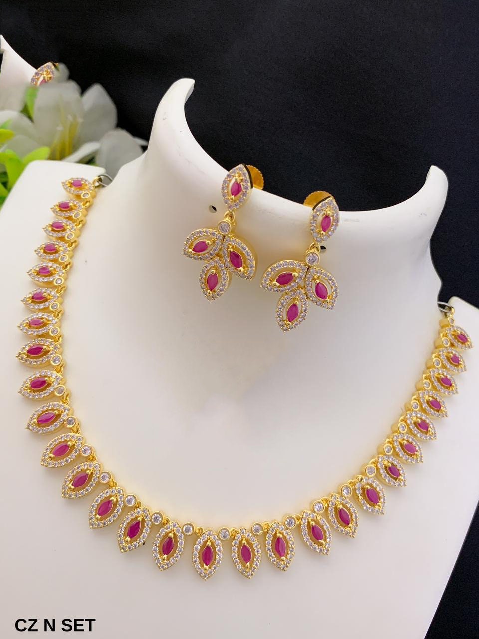 Gold-plated american diamond necklace set with earrings | marquise cut emerald necklace | Indian jewelry store online | South Indian style