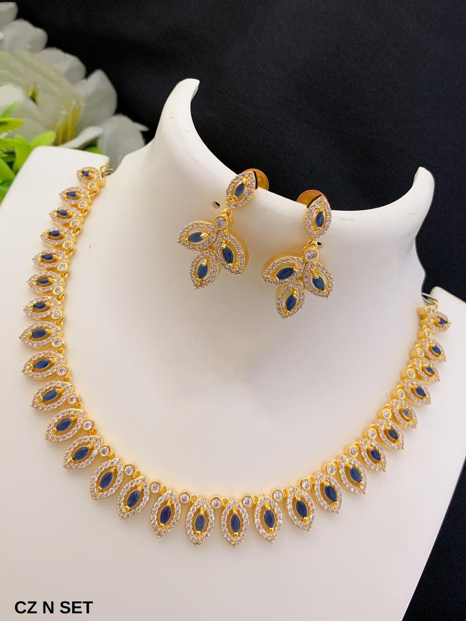 Gold-plated american diamond necklace set with earrings | marquise cut emerald necklace | Indian jewelry store online | South Indian style