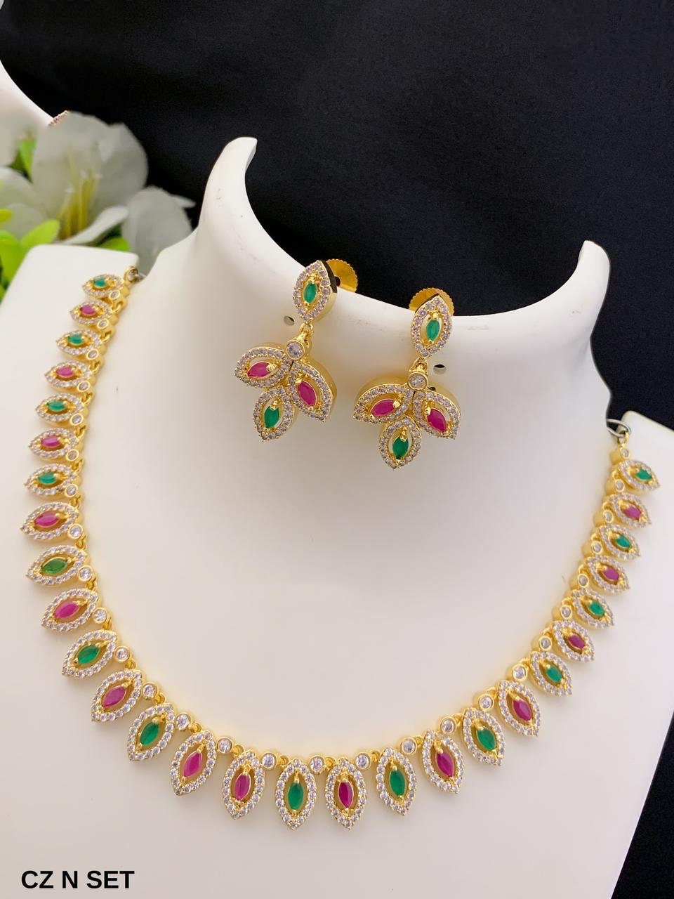 Gold-plated american diamond necklace set with earrings | marquise cut emerald necklace | Indian jewelry store online | South Indian style