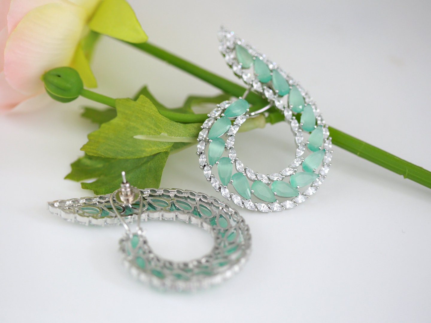 Designer earrings for women | American diamond big earrings | bridal earrings mint green | Latest Punjabi suit earrings | Party wear earring