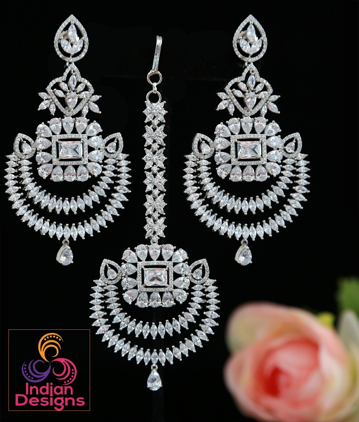 Chandbali crystal earrings tikka set Silver tone - Cz Color Stones | Punjabi earrings with maang tikka wedding | Indian Designs collection