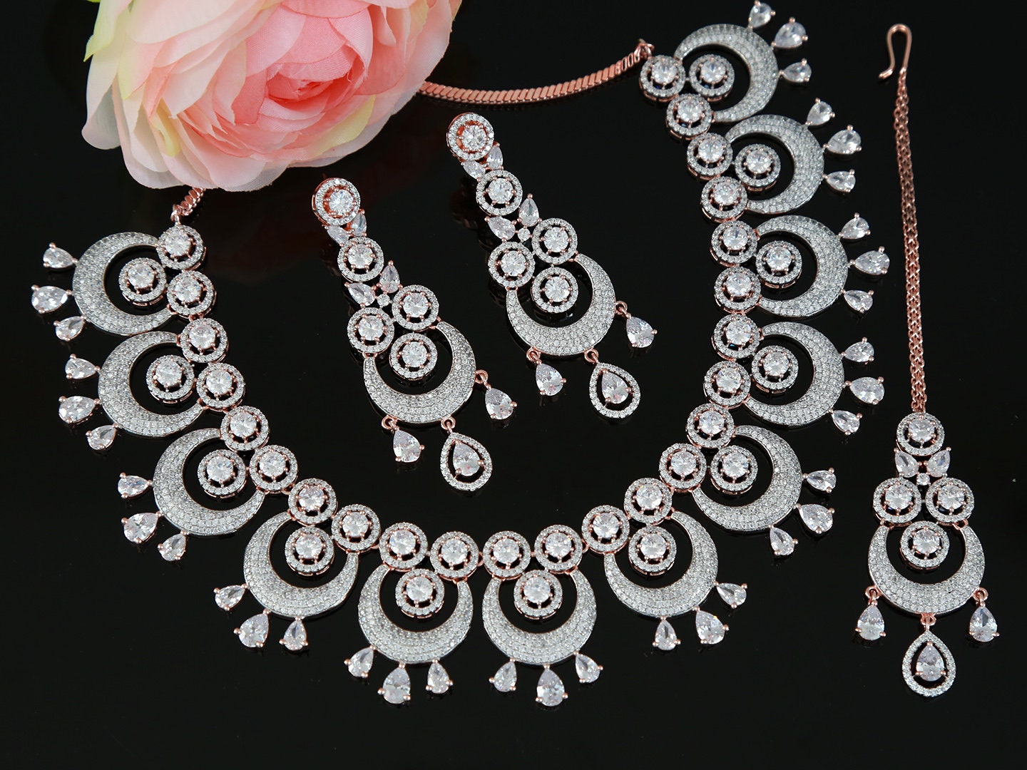 American diamond necklace set | Rose gold diamond circle necklace | Maang tikka and earrings set mint green |Indian Designs Wedding Jewelry