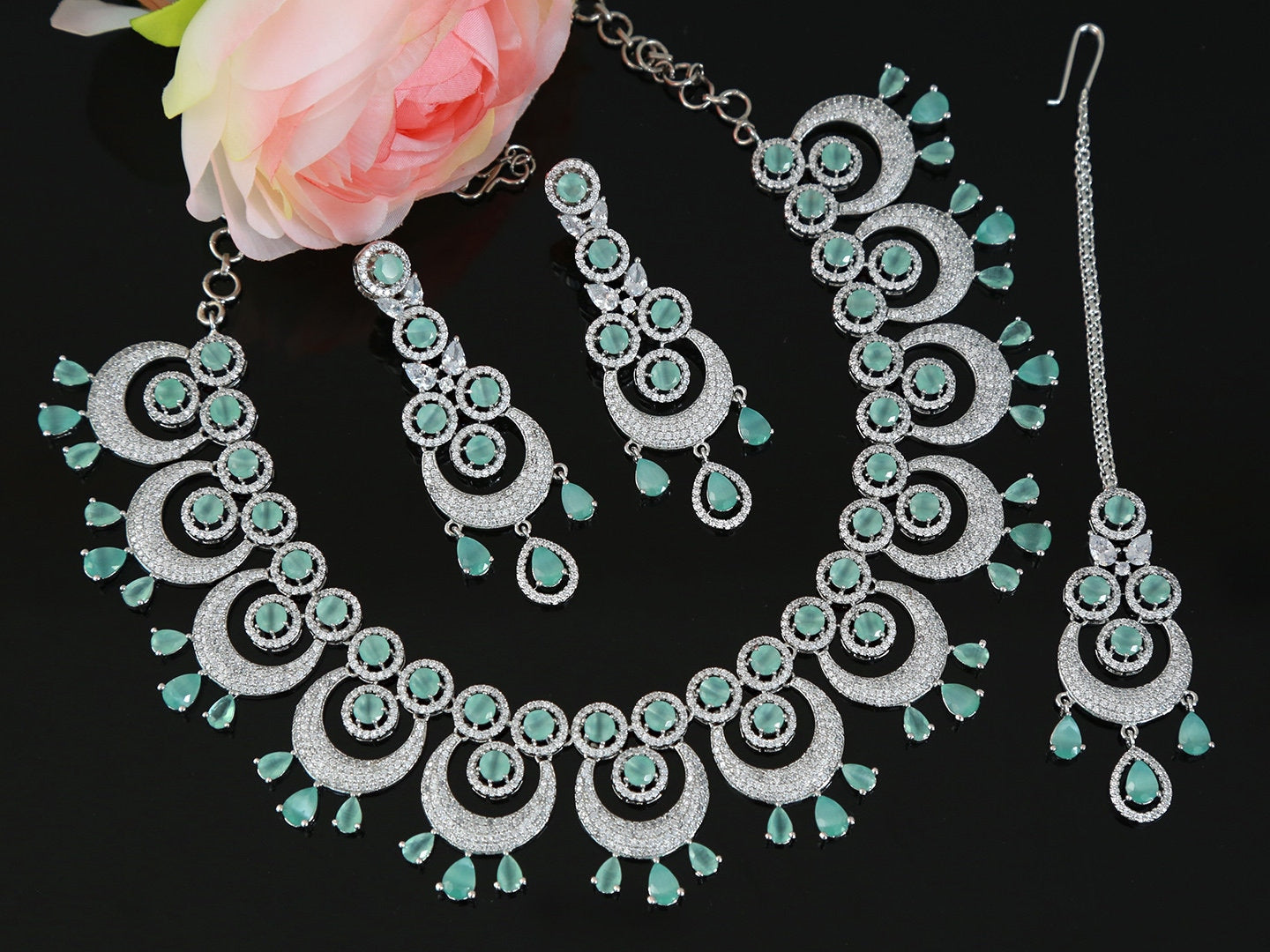 American diamond necklace set | Rose gold diamond circle necklace | Maang tikka and earrings set mint green |Indian Designs Wedding Jewelry