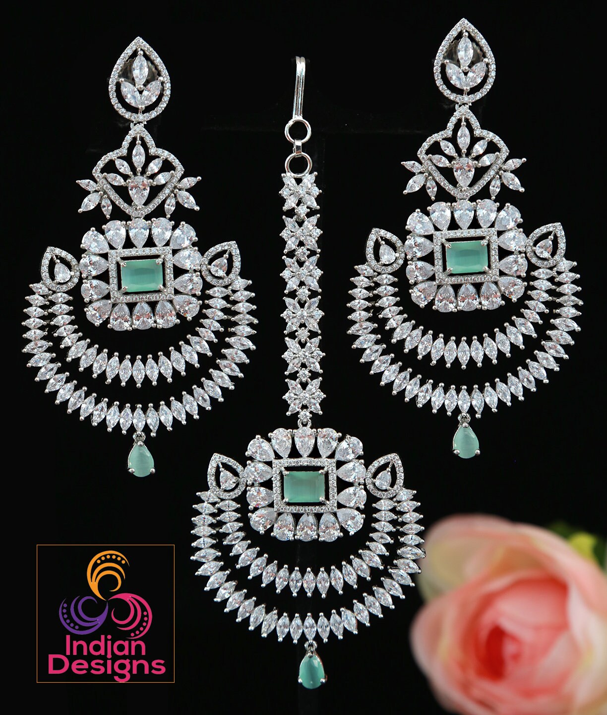 Chandbali crystal earrings tikka set Silver tone - Cz Color Stones | Punjabi earrings with maang tikka wedding | Indian Designs collection