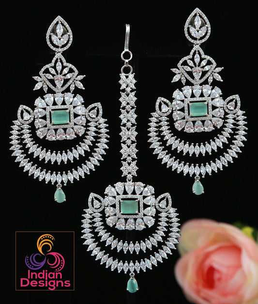 Chandbali crystal earrings tikka set Silver tone - Cz Color Stones | Punjabi earrings with maang tikka wedding | Indian Designs collection