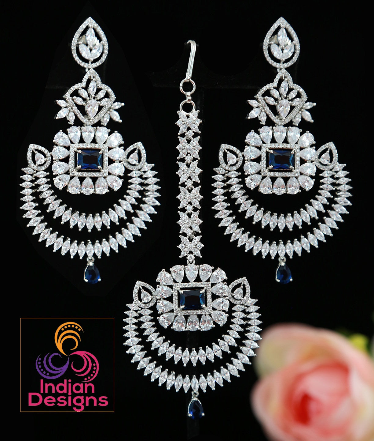Chandbali crystal earrings tikka set Silver tone - Cz Color Stones | Punjabi earrings with maang tikka wedding | Indian Designs collection