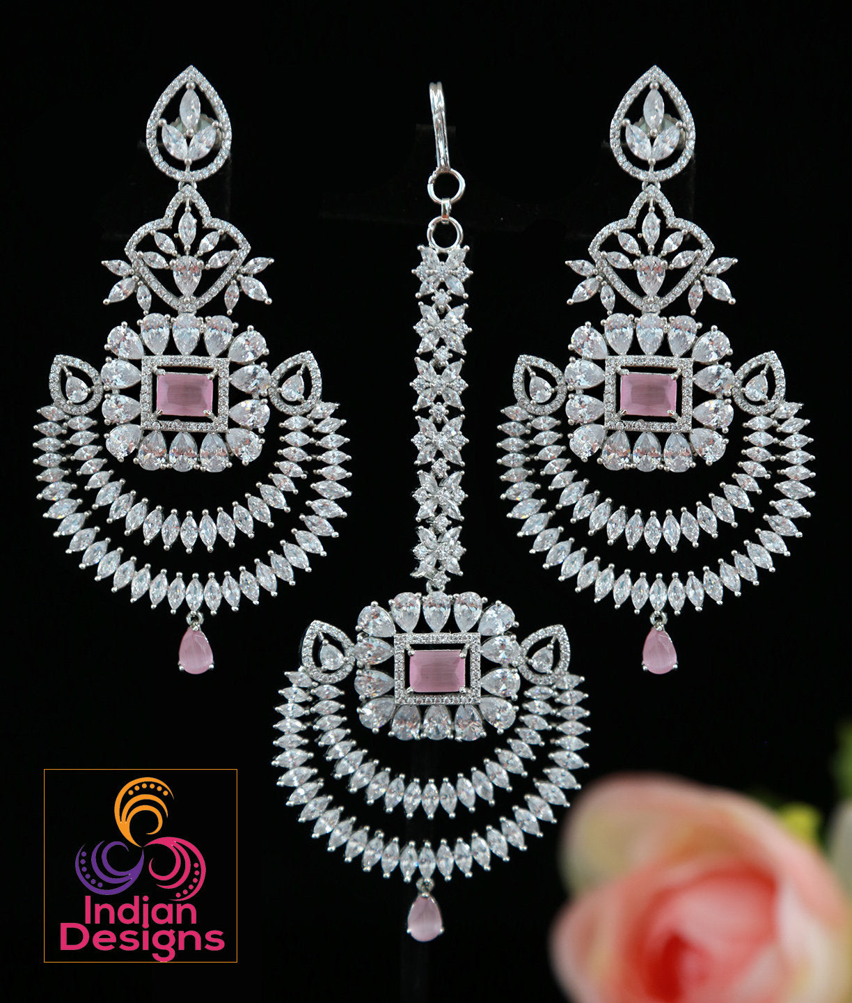 Chandbali crystal earrings tikka set Silver tone - Cz Color Stones | Punjabi earrings with maang tikka wedding | Indian Designs collection