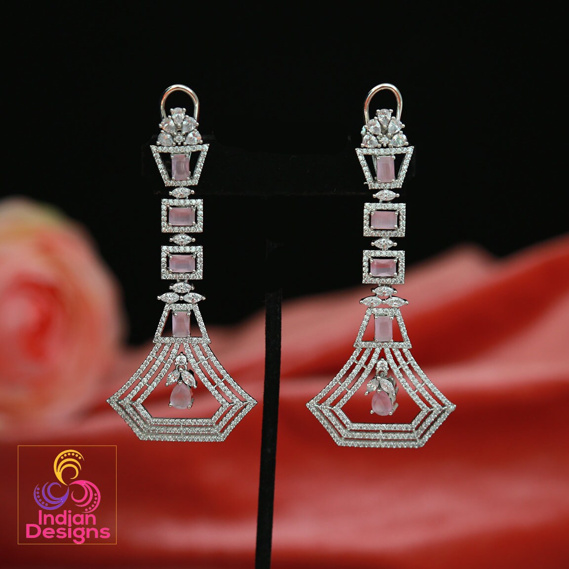 Best quality american diamond earrings | Mint green stone Rhodium polish Long earrings | Pink earrings dangle | ruby emerald earrings online