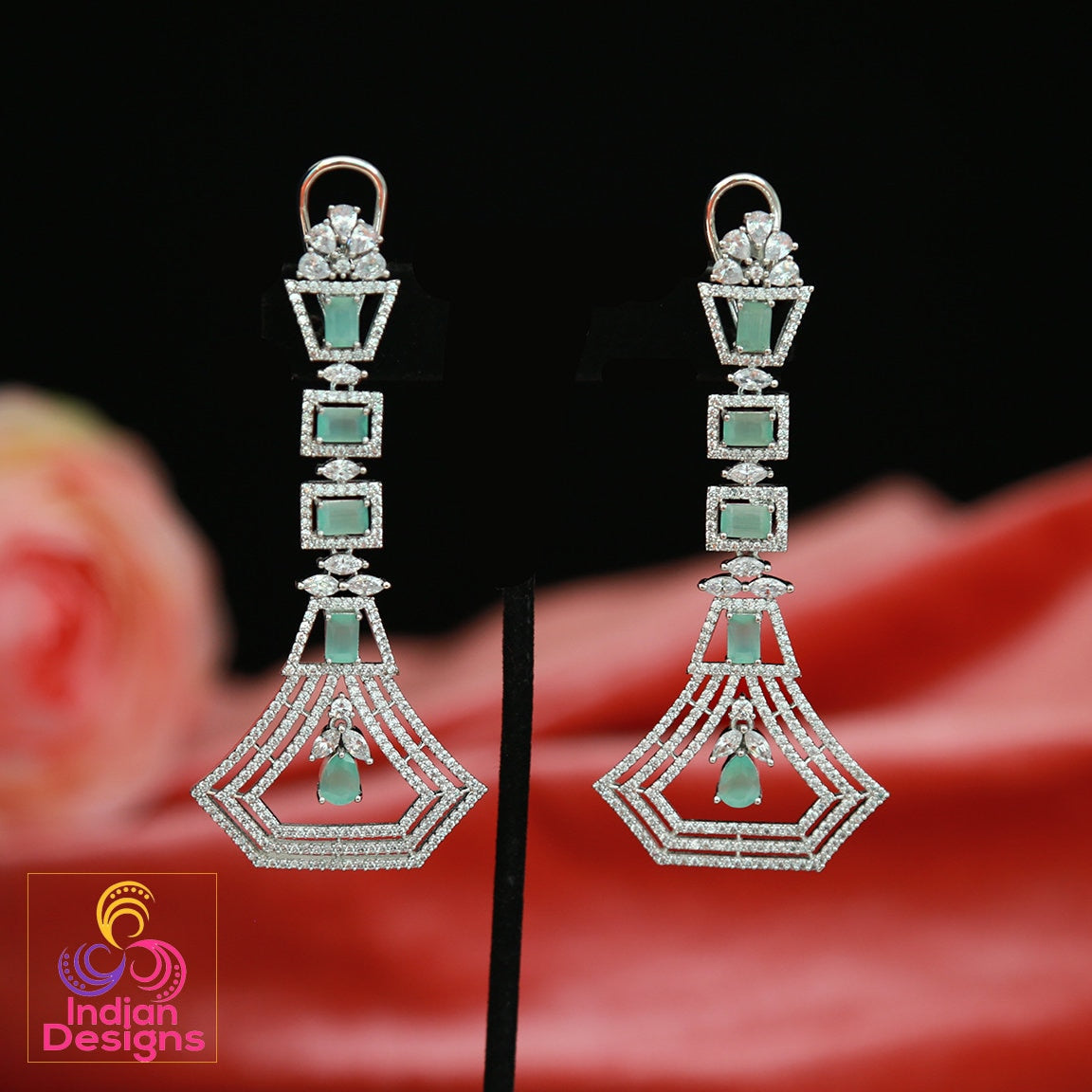 Best quality american diamond earrings | Mint green stone Rhodium polish Long earrings | Pink earrings dangle | ruby emerald earrings online