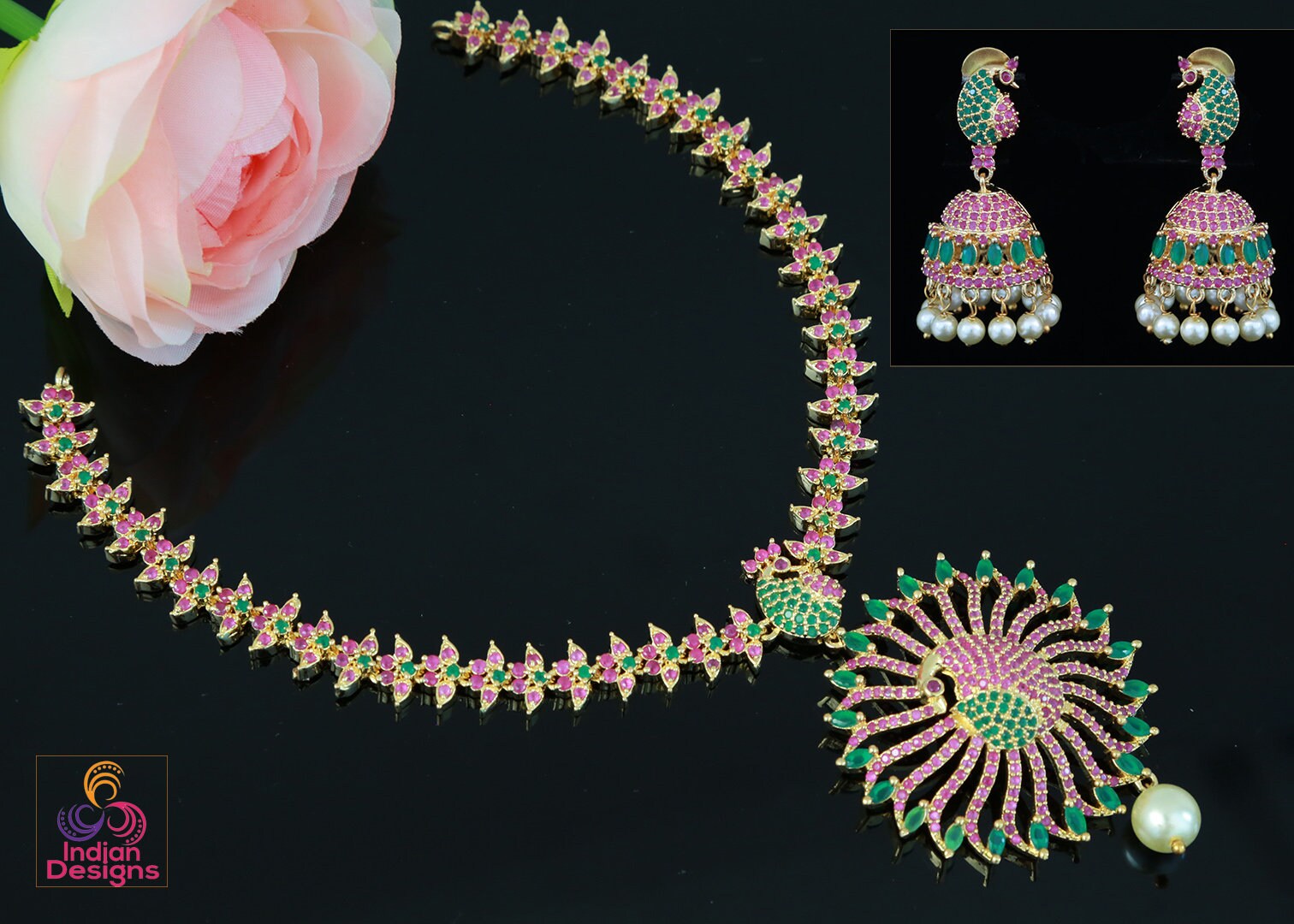 Ad stone peacock pendant | Beautiful AD Peacock Pendant set with color stone work |American Diamond Indian Bollywood Dancing Peacock jewelry