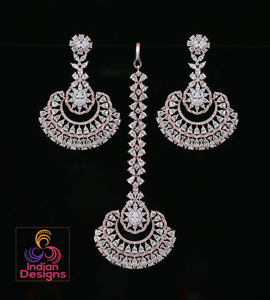 Rose Gold maang tikka and earrings set | Traditional Punjabi style Bridal wedding Earrings tikka set | Chandbali Earrings tikka Rose gold