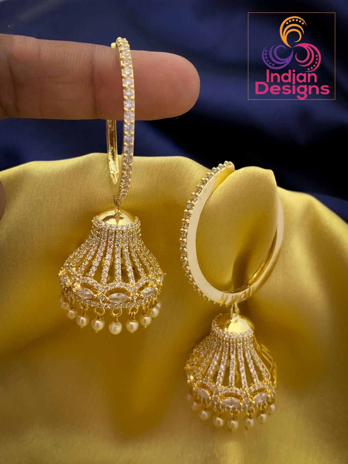 Big Hoop diamond Jhumkas Earrings | Gold hoop earrings with Jhumka | American Diamond Jhumka Jhumki Earrings with Pearl drops