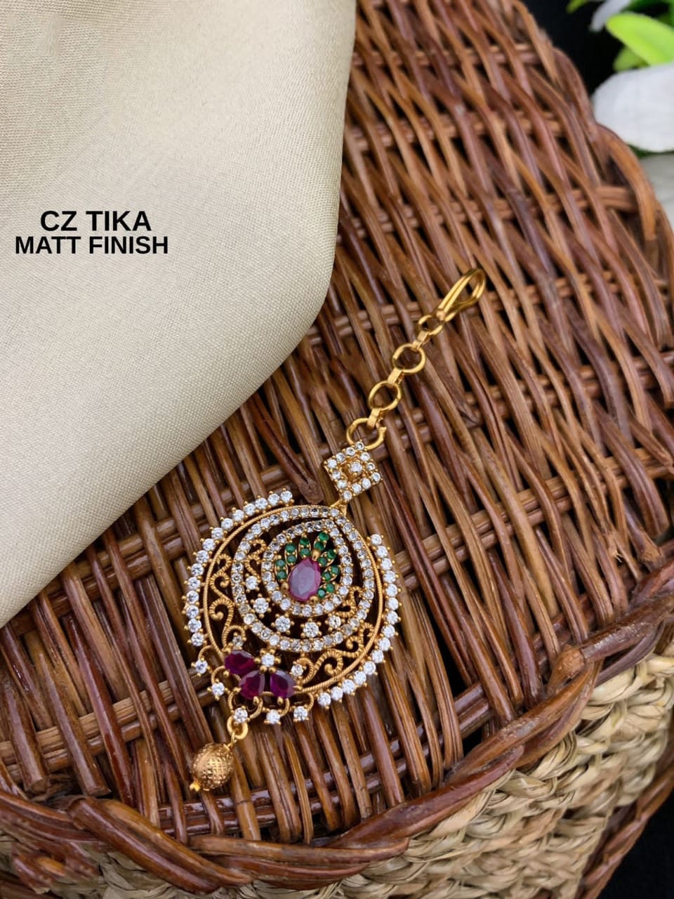 Matte Gold Finish Multicolor CZ tikka | Indian Head Piece Jewelry | AD Stones Maang Tikka | American Diamond Indian mang tikka jewelry