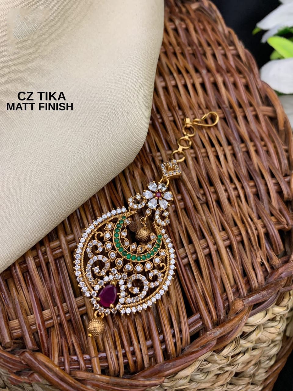 Matte Gold Finish Multicolor CZ tikka | Indian Head Piece Jewelry | AD Stones Maang Tikka | American Diamond Indian mang tikka jewelry